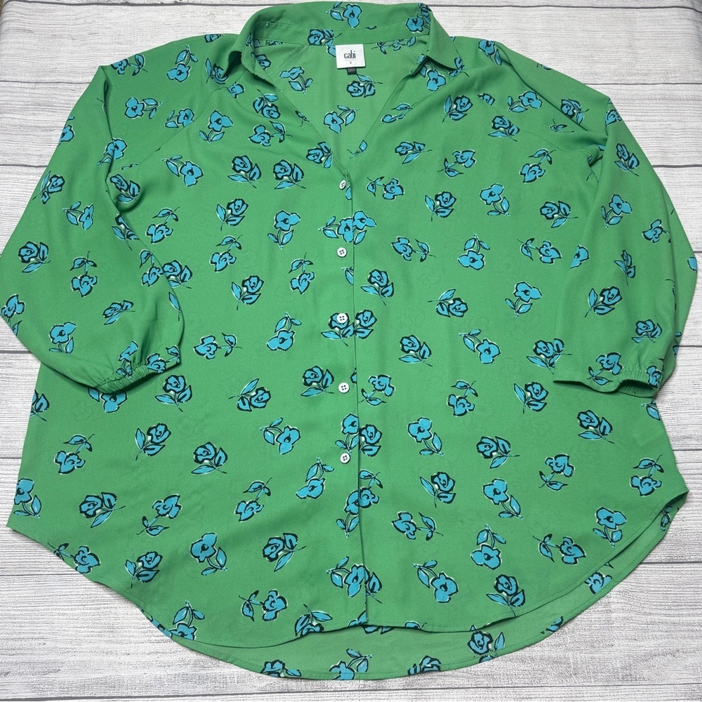 Cabi 5891 Womens Go To Blouse Small Green Blue Floral Button Front‎ Oversized